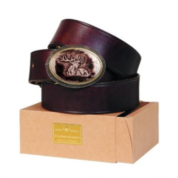 Leather Belt With Engraved Antler Buckle 4 Cm 
